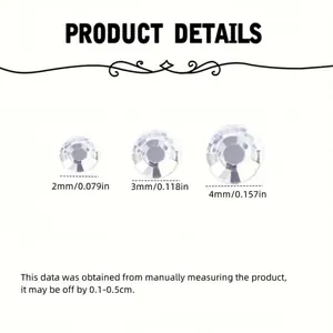 Size chart showing 2mm, 3mm, and 4mm DIY rhinestones for face and body piercings