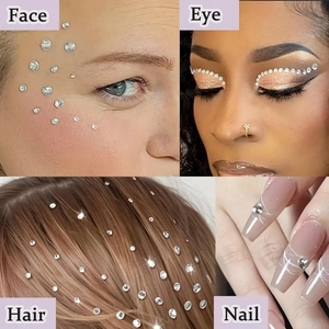 Detail showing crystal rhinestone stickers applied on face, hair and nails for beauty DIY