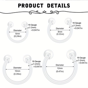 24-piece clear acrylic horseshoe nose rings set in 16G with multiple diameter sizes