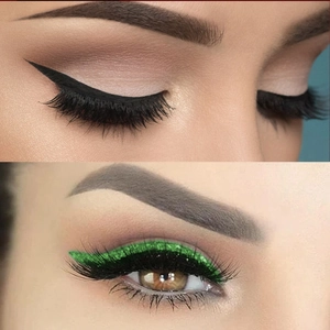 Λεπτομέρεια από πράσινο γκλίτερ eyeliner και πυκνές βλεφαρίδες για γιορτινό μακιγιάζ