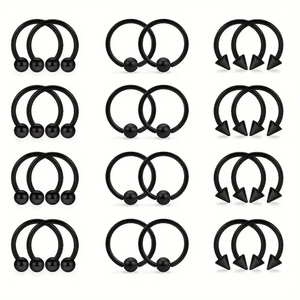 Detailsatz von 24 schwarzen Edelstahl-Piercings mit Kugel- und Kegelenden für Körperschmuck