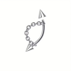 Detail showing internal thread screw of silver steel piercing with chain and cone spikes