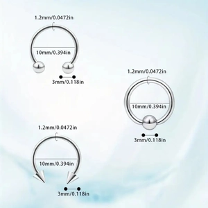 Detailansicht der 1,2 mm Edelstahl-Hufeisenringe und BCR-Schmuckgrößenspezifikationen
