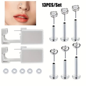 Professional Body Piercing Tool Kit Disposable Ear Piercing Guns Stainless Steel Lip Studs Labret Rings Zircon Inlaid Silicone Gaskets For Ear Lip Nose Piercing Women Men Jewelry