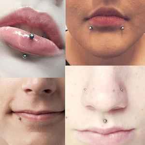 Set of stainless steel fake lip and nose studs featuring classic silver metallic beads