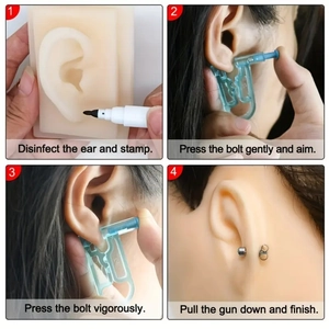 Step-by-step tutorial for disposable ear piercing gun kit with marker and jewelry