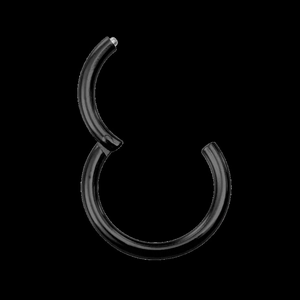 Detailed macro view of the open black 316L stainless steel seamless hinged nose ring