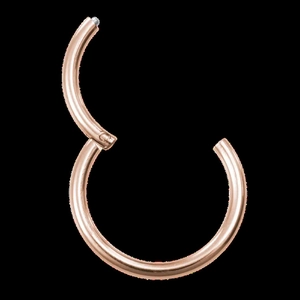 Close-up of a rose gold 316L stainless steel hinged segment ring with open clasp mechanism
