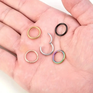 Hand holding 5-piece set of hinged 316L stainless steel nose rings in assorted colors
