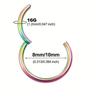 Detailed size chart for 16G rainbow stainless steel seamless hinged nose ring hoop