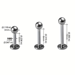F136 titanium flat back labret studs with 3mm ball top and 16G 6mm 8mm 10mm length options