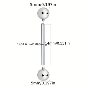 F136 titanium industrial barbell 14G with measurements for length and ball size