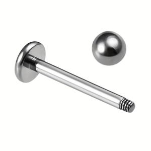 Polished F136 titanium flat back labret stud with ball screw top on white background