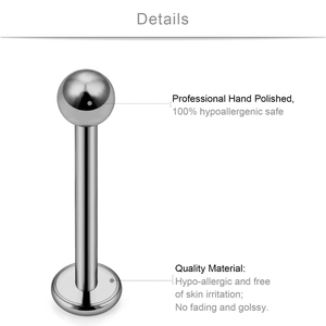 Macro detail of hand-polished hypoallergenic titanium flat back piercing stud with ball top