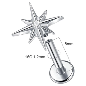 G23 Titan Labret Stecker mit Feuerwerk Stern 5A Zirkon und 16G flachem Rücken