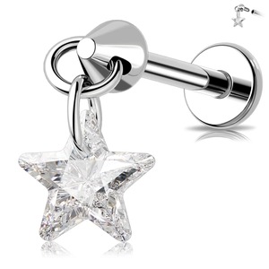 Dettaglio del piercing labret in titanio G23 con brillante zircone a forma di stella