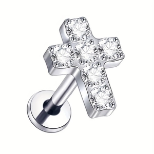 G23 Titan Zirkonia Kreuz Labret Stecker Innengewinde Flache Rückseite Piercing Schmuck Für Herren Damen Silber Ohrring