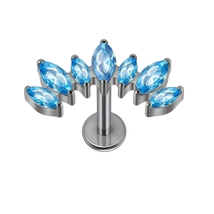 Labret de titanio G23 con siete circonitas azules de corte marquesa con diseño de abanico
