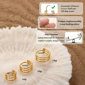 Trois rangées d'anneaux de nez en titane G23 doré en tailles 8mm, 10mm et 12mm