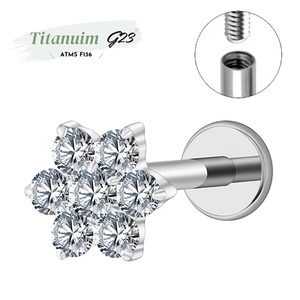 G23 Titanium ASTM F136 Zircon Flower Labret Stud Internal Thread Flat Back Lip Ring Ear Piercing Body Jewelry For Unisex