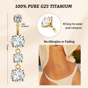 14G G23 titanium gold belly ring with vertical high-purity zirconia stones in descending size