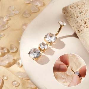 14G G23 titanium belly button ring with gold plating and cascading 5A cubic zirconia stones