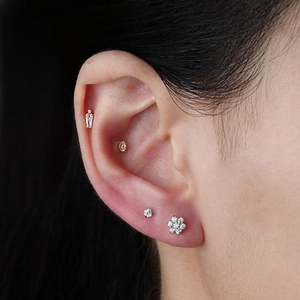 G23 titanium gold ear stud set with flower cluster and round 5A cubic zirconia stones