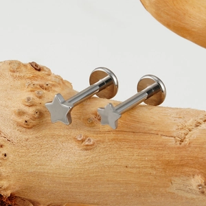 Paar G23 titanium labretpiercings in stervorm op houten blok met witte achtergrond