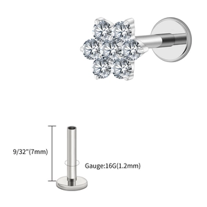 G23 titanium labret stud with 16G zircon flower top for ear cartilage piercing