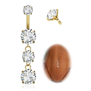 14G G23 Titanium belly button ring with gold finish and dangling 5A cubic zirconia crystals