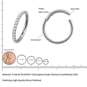 Guía de tallas de aro nasal de titanio ASTM F136 con perlas y especificaciones de 16G