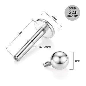 Technical drawing of G23 titanium labret stud with 1.2mm gauge and 6mm length