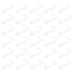 Bulk pack of 30 clear acrylic L-shaped nose studs with ball tops on a white background