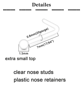 L-shaped acrylic nose stud retainer with 0.8mm gauge and 1.5mm top diameter detail