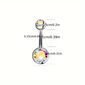 Piercing de ombligo de acero inoxidable con cristales AB y medidas detalladas