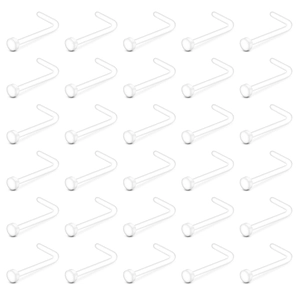 Detailed grid display of thirty clear acrylic L-shaped nose studs for discreet piercings