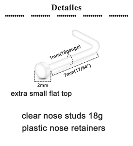 Detail showing 18G clear acrylic L-shaped nose stud dimensions and specifications