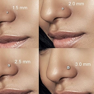 Größenvergleich von Nasensteckern aus Edelstahl mit Zirkonia von 1.5mm bis 3.0mm