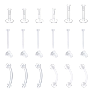 Detailed set of clear acrylic invisible body piercing jewelry for labret and ears