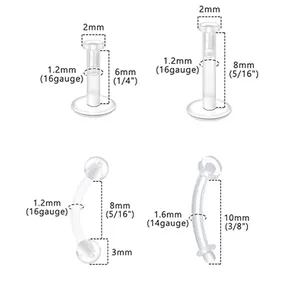 Size chart for clear acrylic piercing jewelry including labret and curved barbell studs