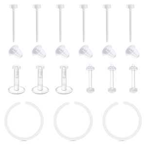 Detailed set of clear acrylic nose studs and lip retainers for invisible body piercing