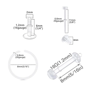 Detailed size chart for clear acrylic piercing set including labret and nose rings