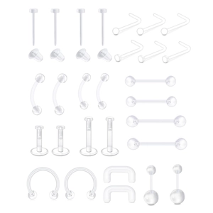 Set of transparent acrylic body piercing jewelry including nose studs and rings