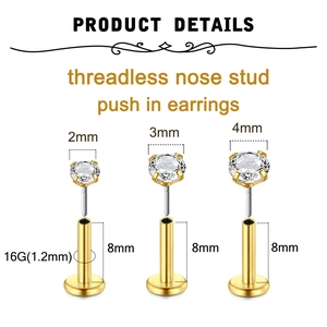 16G Gold-Edelstahl Labret-Set ohne Gewinde mit klarem Zirkonia in 3 verschiedenen Größen