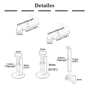 Size chart for clear acrylic piercing set including nose, lip, and ear jewelry dimensions