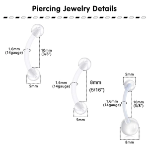 Technical drawing showing 14G acrylic clear piercing jewelry sizes with 8mm and 10mm bars