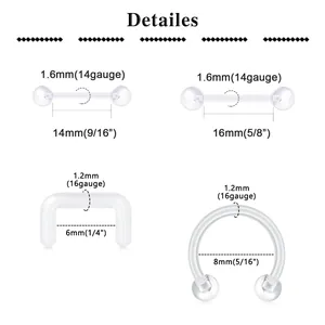 Size chart showing clear acrylic body piercing jewelry dimensions for studs and rings