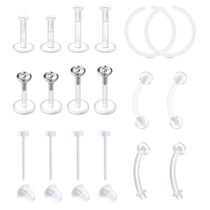 Detailed set of clear acrylic bioflex piercing retainers for nose, lip and ears