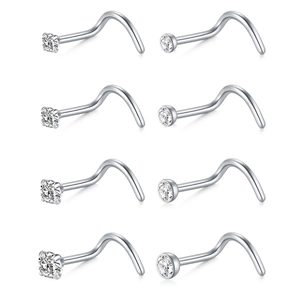8er-Set Nasenstecker aus Edelstahl mit quadratischen und runden Zirkonia in L-Form Design