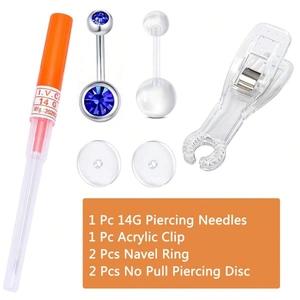 Detailliertes 6-teiliges Piercing-Set mit 14G Nadel, Acryl-Klemme und Kristall-Bauchnabelpiercings